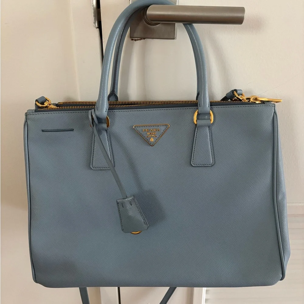Prada Saffiano Large Double Zip Tote in Powder Blue (“Astrale”) Gold Hardware